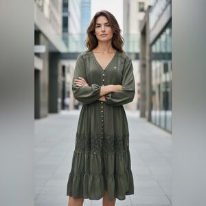 #349 KOREAN DRESS Button-Down Maxi Dress in Forest Green